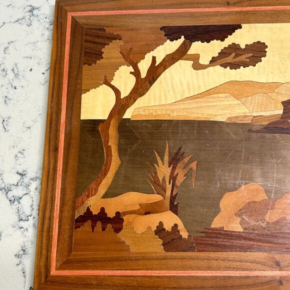Wood Inlay Marquetry Panel European Coastal Scene Italy 16" x 12" Handcraafted - Picture 7 of 9